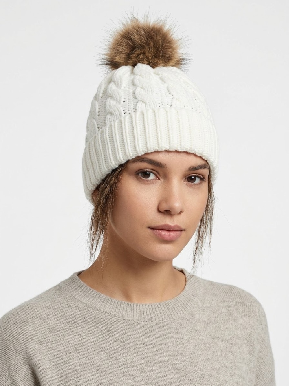NWOT Women’s Cable Knit Pom Beanie - White with Brown Pom